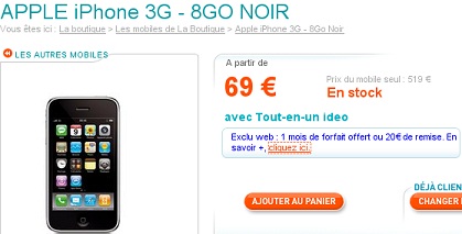 iPhone 3G 8Go à 69 euros chez Bouygues