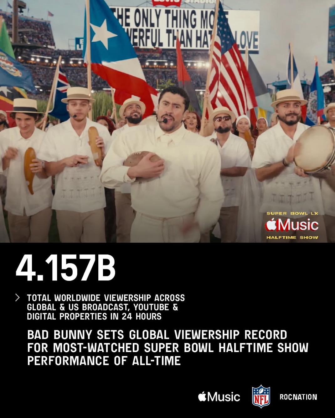 Apple Music : le show de Bad Bunny au Super Bowl dépasse 4,1 milliards de vues et bat tous les records